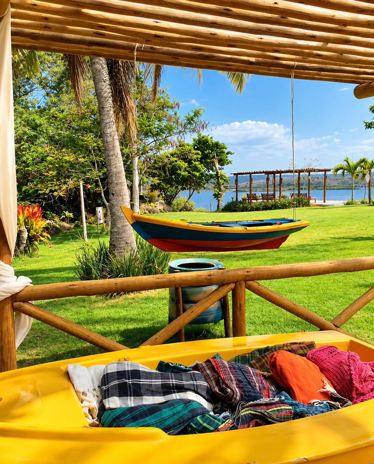Jardim do resort com barcos decorativos e vista para o lago